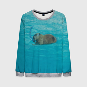 Мужской свитшот 3D с принтом Подводный капибару , 100% полиэстер с мягким внутренним слоем | круглый вырез горловины, мягкая резинка на манжетах и поясе, свободная посадка по фигуре | Тематика изображения на принте: capybara | водосвинка | грызун | грызуны | капибара | капибары | под водой | подводный капибару