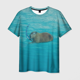 Мужская футболка 3D с принтом Подводный капибару в Тюмени, 100% полиэфир | прямой крой, круглый вырез горловины, длина до линии бедер | Тематика изображения на принте: capybara | водосвинка | грызун | грызуны | капибара | капибары | под водой | подводный капибару