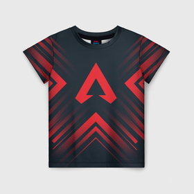 Детская футболка 3D с принтом Красный символ Apex Legends на темном фоне со стрелками в Белгороде, 100% гипоаллергенный полиэфир | прямой крой, круглый вырез горловины, длина до линии бедер, чуть спущенное плечо, ткань немного тянется | 