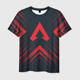 Мужская футболка 3D с принтом Красный символ Apex Legends на темном фоне со стрелками , 100% полиэфир | прямой крой, круглый вырез горловины, длина до линии бедер | 