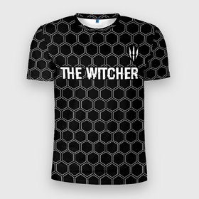 Мужская футболка 3D Slim с принтом The Witcher glitch на темном фоне: символ сверху в Екатеринбурге, 100% полиэстер с улучшенными характеристиками | приталенный силуэт, круглая горловина, широкие плечи, сужается к линии бедра | 