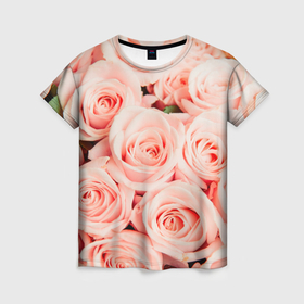Женская футболка 3D с принтом Нежно   розовые Розы в Тюмени, 100% полиэфир ( синтетическое хлопкоподобное полотно) | прямой крой, круглый вырез горловины, длина до линии бедер | pink | roses | розовые цветы | розы | цветы