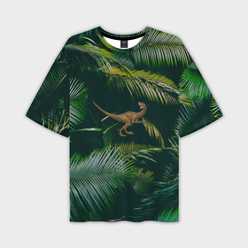 Мужская футболка OVERSIZE 3D с принтом Динозавр в зарослях джунглей в Екатеринбурге,  |  | велоцираптор | джунгли | динозавр | животные | природа | ящер