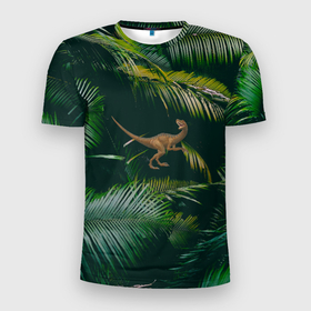 Мужская футболка 3D Slim с принтом Динозавр в зарослях джунглей в Белгороде, 100% полиэстер с улучшенными характеристиками | приталенный силуэт, круглая горловина, широкие плечи, сужается к линии бедра | велоцираптор | джунгли | динозавр | животные | природа | ящер
