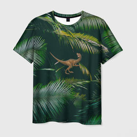 Мужская футболка 3D с принтом Динозавр в зарослях джунглей в Петрозаводске, 100% полиэфир | прямой крой, круглый вырез горловины, длина до линии бедер | велоцираптор | джунгли | динозавр | животные | природа | ящер