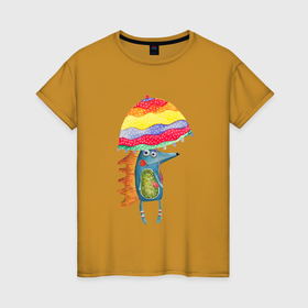Женская футболка хлопок с принтом ежик под зонтиком в Тюмени, 100% хлопок | прямой крой, круглый вырез горловины, длина до линии бедер, слегка спущенное плечо | дождь | еж | еж под зонтиком | ёж под зонтом | ежик | жара | зонтик | лето