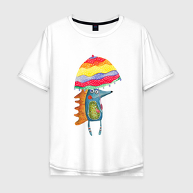 Мужская футболка хлопок Oversize с принтом ежик под зонтиком в Кировске, 100% хлопок | свободный крой, круглый ворот, “спинка” длиннее передней части | дождь | еж | еж под зонтиком | ёж под зонтом | ежик | жара | зонтик | лето
