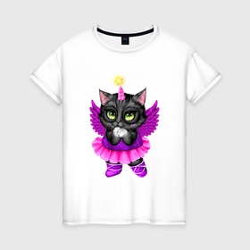 Женская футболка хлопок с принтом Черная кошечка балерина в Тюмени, 100% хлопок | прямой крой, круглый вырез горловины, длина до линии бедер, слегка спущенное плечо | балерина | балет | девочка | кот | кошечка | кошка