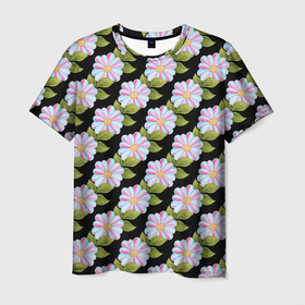 Мужская футболка 3D с принтом Белые фиалки паттерн в Кировске, 100% полиэфир | прямой крой, круглый вырез горловины, длина до линии бедер | абстрактные | классика | классические | нейтральные | спокойные | узор | узоры | фиалки | цветы