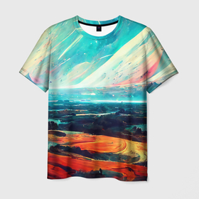 Мужская футболка 3D с принтом Космический ландшафт в Тюмени, 100% полиэфир | прямой крой, круглый вырез горловины, длина до линии бедер | art | bright | landscape | mountains | multicoloured | nature | panorama | planet | sky | space | арт | горы | космос | ландшафт | небо | панорама | пейзаж | планета | природа | разноцветный | яркий