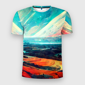 Мужская футболка 3D Slim с принтом Космический ландшафт в Курске, 100% полиэстер с улучшенными характеристиками | приталенный силуэт, круглая горловина, широкие плечи, сужается к линии бедра | art | bright | landscape | mountains | multicoloured | nature | panorama | planet | sky | space | арт | горы | космос | ландшафт | небо | панорама | пейзаж | планета | природа | разноцветный | яркий