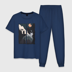 Мужская пижама хлопок с принтом Оранжевая луна и дикий альпинизм в Кировске, 100% хлопок | брюки и футболка прямого кроя, без карманов, на брюках мягкая резинка на поясе и по низу штанин
 | Тематика изображения на принте: 