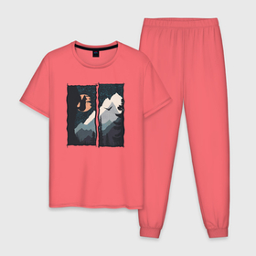 Мужская пижама хлопок с принтом Оранжевая луна и медведь альпинист , 100% хлопок | брюки и футболка прямого кроя, без карманов, на брюках мягкая резинка на поясе и по низу штанин
 | Тематика изображения на принте: 