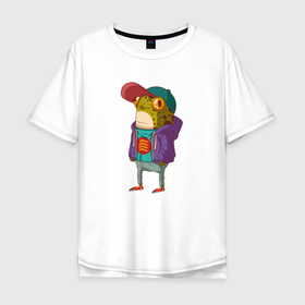 Мужская футболка хлопок Oversize с принтом Забавная лягуха  репер в Белгороде, 100% хлопок | свободный крой, круглый ворот, “спинка” длиннее передней части | frog | жаба | лягуха | лягушка | репер