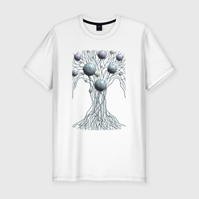 Мужская футболка хлопок Slim с принтом Абстрактное дерево со сферами в Екатеринбурге, 92% хлопок, 8% лайкра | приталенный силуэт, круглый вырез ворота, длина до линии бедра, короткий рукав | абстракция | дерево | корни | крона | линии | сферы | шары