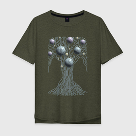 Мужская футболка хлопок Oversize с принтом Абстрактное дерево со сферами в Екатеринбурге, 100% хлопок | свободный крой, круглый ворот, “спинка” длиннее передней части | абстракция | дерево | корни | крона | линии | сферы | шары