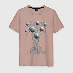 Мужская футболка хлопок с принтом Абстрактное дерево со сферами в Санкт-Петербурге, 100% хлопок | прямой крой, круглый вырез горловины, длина до линии бедер, слегка спущенное плечо. | абстракция | дерево | корни | крона | линии | сферы | шары