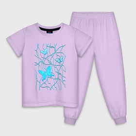 Детская пижама хлопок с принтом Голубые бабочки и хаотичные линии в Новосибирске, 100% хлопок |  брюки и футболка прямого кроя, без карманов, на брюках мягкая резинка на поясе и по низу штанин
 | бабочка | бабочки | линии | хаос