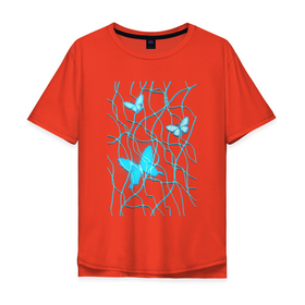 Мужская футболка хлопок Oversize с принтом Голубые бабочки и хаотичные линии в Курске, 100% хлопок | свободный крой, круглый ворот, “спинка” длиннее передней части | бабочка | бабочки | линии | хаос
