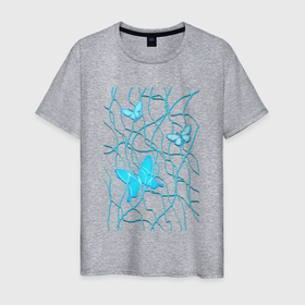 Мужская футболка хлопок с принтом Голубые бабочки и хаотичные линии в Белгороде, 100% хлопок | прямой крой, круглый вырез горловины, длина до линии бедер, слегка спущенное плечо. | бабочка | бабочки | линии | хаос