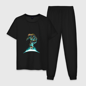 Мужская пижама хлопок с принтом Astronaut on a skateboard в Тюмени, 100% хлопок | брюки и футболка прямого кроя, без карманов, на брюках мягкая резинка на поясе и по низу штанин
 | Тематика изображения на принте: astronaut | cosmos | fantasy | sky | solar system | stars | surrealism | universe | астронавт | вселенная | звезды | космонавт | космос | небо | скейтборд | солнечная система | сюрреализм | фантазия