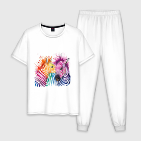 Мужская пижама хлопок с принтом Zebras в Екатеринбурге, 100% хлопок | брюки и футболка прямого кроя, без карманов, на брюках мягкая резинка на поясе и по низу штанин
 | africa | animals | striped | watercolor | акварель | африка | в полоску | животные | зебра