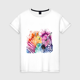 Женская футболка хлопок с принтом Zebras в Петрозаводске, 100% хлопок | прямой крой, круглый вырез горловины, длина до линии бедер, слегка спущенное плечо | africa | animals | striped | watercolor | акварель | африка | в полоску | животные | зебра
