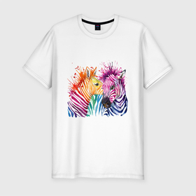Мужская футболка хлопок Slim с принтом Zebras в Кировске, 92% хлопок, 8% лайкра | приталенный силуэт, круглый вырез ворота, длина до линии бедра, короткий рукав | africa | animals | striped | watercolor | акварель | африка | в полоску | животные | зебра
