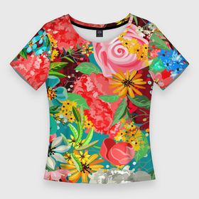 Женская футболка 3D Slim с принтом Multicolour of flowers в Новосибирске,  |  | beautiful | bright | colorful | floral | green | multicolored | pattern | pink | yellow | букет | желтый | зеленый | красивый | красный | красочный | листья | многоцветный | радуга | разноцветный | розовый | синий | узор | фиолетовый