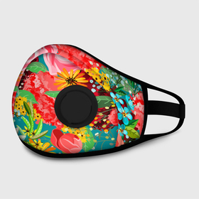 Маска из неопрена с принтом Multicolour of flowers в Ханты-Майнсийске, неопрен 100% | Форма огибающая нос. Резинки для ушей с дополнительной резинкой на затылке. Клапан для выдоха для активного дыхания при занятиях спортом. Эластичный материал маски и окантовки для лучшего растяжения и прилегания маски.  | beautiful | bright | colorful | floral | green | multicolored | pattern | pink | yellow | букет | желтый | зеленый | красивый | красный | красочный | листья | многоцветный | радуга | разноцветный | розовый | синий | узор | фиолетовый