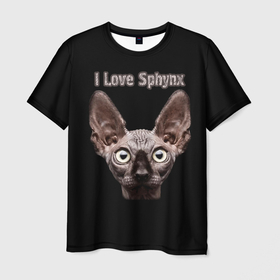 Мужская футболка 3D с принтом Я люблю сфинксов в Новосибирске, 100% полиэфир | прямой крой, круглый вырез горловины, длина до линии бедер | cat | cats | i love sphynx | sphynx | кот | котёнок | коты | котята | кошачьи | кошка | кошки | сфинкс | я люблю сфинксов