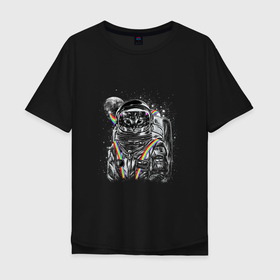 Мужская футболка хлопок Oversize с принтом Cat in a space suit в Курске, 100% хлопок | свободный крой, круглый ворот, “спинка” длиннее передней части | astronaut | funny | galaxy | space | spacesuit | астронавт | галактика | забавный | космический | космонавт | космос | скафандр