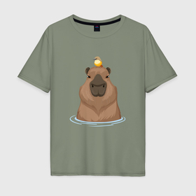 Мужская футболка хлопок Oversize с принтом Капибару с птичкой , 100% хлопок | свободный крой, круглый ворот, “спинка” длиннее передней части | capybara | водосвинка | грызун | грызуны | капибара | капибары | с птичкой