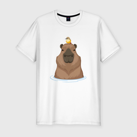 Мужская футболка хлопок Slim с принтом Капибару с птичкой в Белгороде, 92% хлопок, 8% лайкра | приталенный силуэт, круглый вырез ворота, длина до линии бедра, короткий рукав | capybara | водосвинка | грызун | грызуны | капибара | капибары | с птичкой