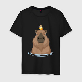 Мужская футболка хлопок с принтом Капибару с птичкой в Тюмени, 100% хлопок | прямой крой, круглый вырез горловины, длина до линии бедер, слегка спущенное плечо. | capybara | водосвинка | грызун | грызуны | капибара | капибары | с птичкой