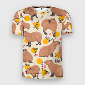 Мужская футболка 3D Slim с принтом Милая капибару паттерн в Екатеринбурге, 100% полиэстер с улучшенными характеристиками | приталенный силуэт, круглая горловина, широкие плечи, сужается к линии бедра | Тематика изображения на принте: capybara | patern | pattern | водосвинка | грызун | грызуны | капибара | капибары | патерн | паттерн