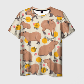 Мужская футболка 3D с принтом Милая капибару паттерн в Екатеринбурге, 100% полиэфир | прямой крой, круглый вырез горловины, длина до линии бедер | Тематика изображения на принте: capybara | patern | pattern | водосвинка | грызун | грызуны | капибара | капибары | патерн | паттерн