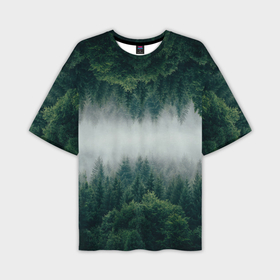 Мужская футболка oversize 3D с принтом Зеркальный туманный лес ,  |  | forest | mirror | misty | дерево | деревья | зеркало | зеркальный | лес | природа | туман | туманный