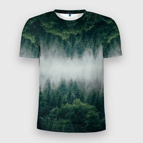 Мужская футболка 3D Slim с принтом Зеркальный туманный лес в Белгороде, 100% полиэстер с улучшенными характеристиками | приталенный силуэт, круглая горловина, широкие плечи, сужается к линии бедра | forest | mirror | misty | дерево | деревья | зеркало | зеркальный | лес | природа | туман | туманный