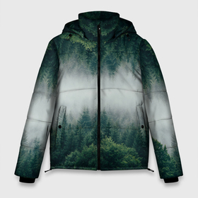 Мужская зимняя куртка 3D с принтом Зеркальный туманный лес в Тюмени, верх — 100% полиэстер; подкладка — 100% полиэстер; утеплитель — 100% полиэстер | длина ниже бедра, свободный силуэт Оверсайз. Есть воротник-стойка, отстегивающийся капюшон и ветрозащитная планка. 

Боковые карманы с листочкой на кнопках и внутренний карман на молнии. | Тематика изображения на принте: forest | mirror | misty | дерево | деревья | зеркало | зеркальный | лес | природа | туман | туманный