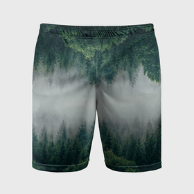 Мужские шорты спортивные с принтом Зеркальный туманный лес ,  |  | forest | mirror | misty | дерево | деревья | зеркало | зеркальный | лес | природа | туман | туманный