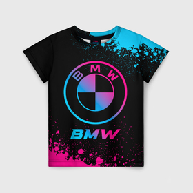 Детская футболка 3D с принтом BMW   neon gradient в Санкт-Петербурге, 100% гипоаллергенный полиэфир | прямой крой, круглый вырез горловины, длина до линии бедер, чуть спущенное плечо, ткань немного тянется | Тематика изображения на принте: 