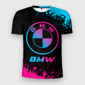 Мужская футболка 3D Slim с принтом BMW   neon gradient в Белгороде, 100% полиэстер с улучшенными характеристиками | приталенный силуэт, круглая горловина, широкие плечи, сужается к линии бедра | Тематика изображения на принте: 