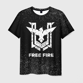 Мужская футболка 3D с принтом Free Fire с потертостями на темном фоне в Кировске, 100% полиэфир | прямой крой, круглый вырез горловины, длина до линии бедер | Тематика изображения на принте: 