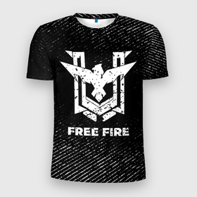 Мужская футболка 3D Slim с принтом Free Fire с потертостями на темном фоне в Белгороде, 100% полиэстер с улучшенными характеристиками | приталенный силуэт, круглая горловина, широкие плечи, сужается к линии бедра | 