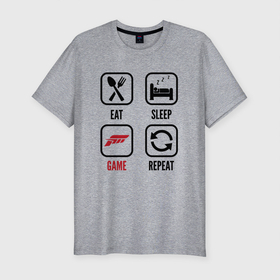 Мужская футболка хлопок Slim с принтом Eat   sleep   Forza Horizon   repeat в Тюмени, 92% хлопок, 8% лайкра | приталенный силуэт, круглый вырез ворота, длина до линии бедра, короткий рукав | Тематика изображения на принте: 