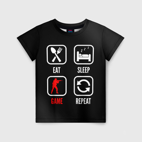 Детская футболка 3D с принтом Eat, sleep, Counter Strike, repeat в Белгороде, 100% гипоаллергенный полиэфир | прямой крой, круглый вырез горловины, длина до линии бедер, чуть спущенное плечо, ткань немного тянется | 