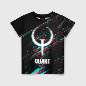 Детская футболка 3D с принтом Quake в стиле glitch и баги графики на темном фоне в Санкт-Петербурге, 100% гипоаллергенный полиэфир | прямой крой, круглый вырез горловины, длина до линии бедер, чуть спущенное плечо, ткань немного тянется | 