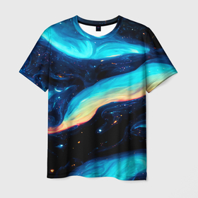 Мужская футболка 3D с принтом Космические просторы   Абстракция в Белгороде, 100% полиэфир | прямой крой, круглый вырез горловины, длина до линии бедер | abstraction | art | black | blue | bright | dark | galaxy | multicoloured | neon | space | stars | universe | абстракция | арт | вселенная | галактика | звезды | космос | неоновый | разноцветный | синий | темный | черный | яркий