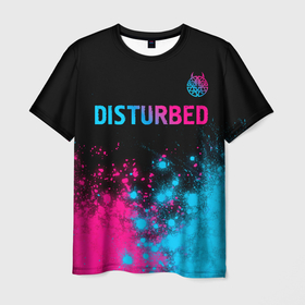 Мужская футболка 3D с принтом Disturbed   neon gradient: символ сверху в Белгороде, 100% полиэфир | прямой крой, круглый вырез горловины, длина до линии бедер | 